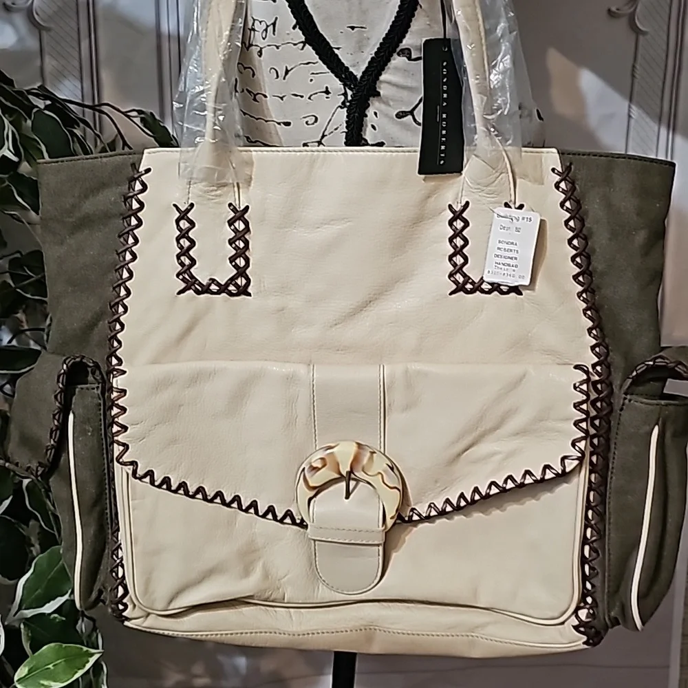 Sondra Roberts Cream/Olive Vegan Leather and Canvas Stitch Bag NWT - Picture 4 of 13